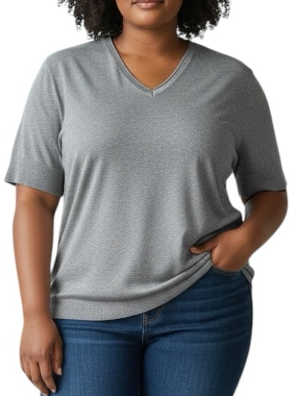 Cable & Gauge V-Neck Short Sleeve Knit Sweater Top Grey Lightweight Plus Size 2X